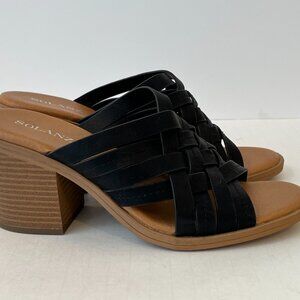 Solanz Paulina Woven Black Faux Leather Block Heel Sandals ~ Women's Size 7M EUC